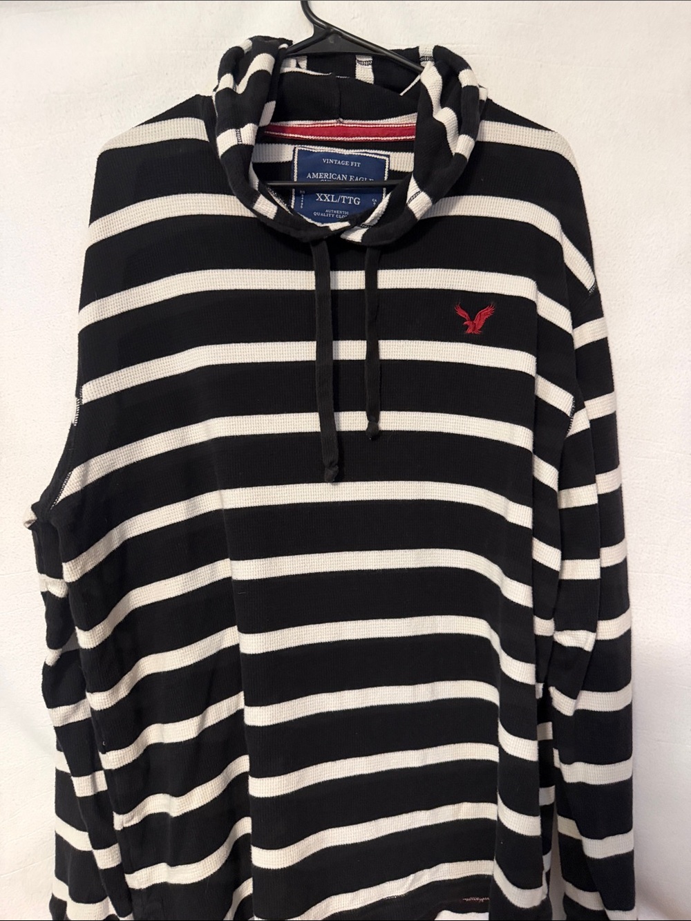 American Eagle Outfitters Black & White Striped Pullover Hoodie with Red Logo